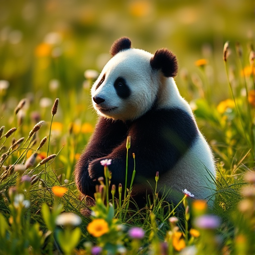 A serene panda sitting in a lush green meadow filled with wildflowers, captured in soft morning light, using a full-frame DSLR camera, 85mm lens, f/2.8 aperture, ISO 100, 1/200 sec shutter speed, shallow depth of field.