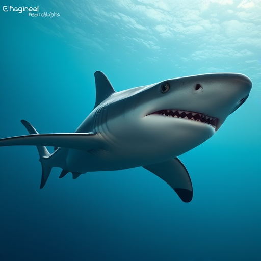 Create a realistic 3D rendering of a hammerhead shark swimming underwater, using a DSLR camera with an aperture of f/8, ISO 200, 1/250 sec shutter speed, wide-angle lens, and a slightly tilted angle for dynamic perspective.