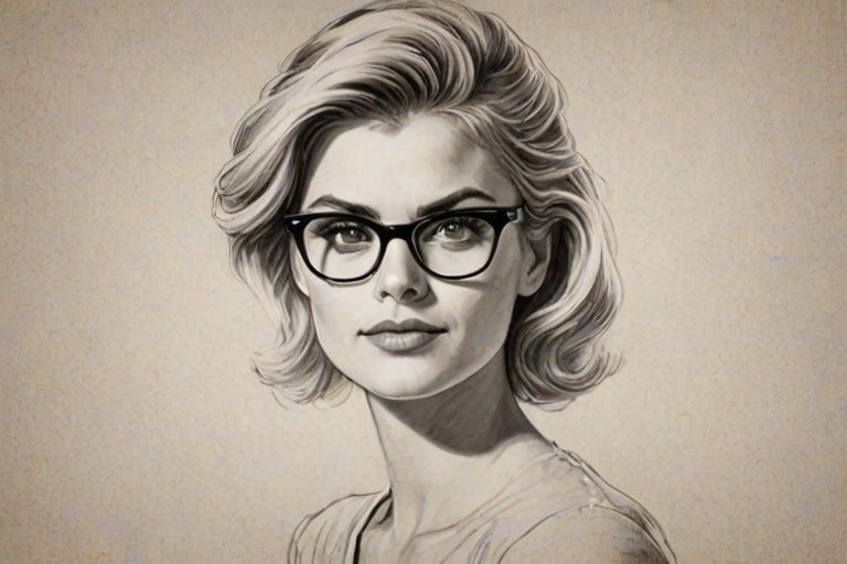 Alluring Eliza Coupe, pencil sketch, portrait of Stunning woman 1943s in glasses, hair style beatnik, outline, clear lines, fine lines, 8k