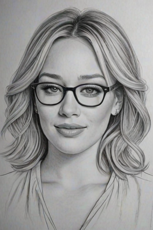 Gorgeous Hilary Duff, pencil sketch, portrait of Delightful woman 1937s in glasses, hair style beatnik, outline, clear lines, fine lines, 8k