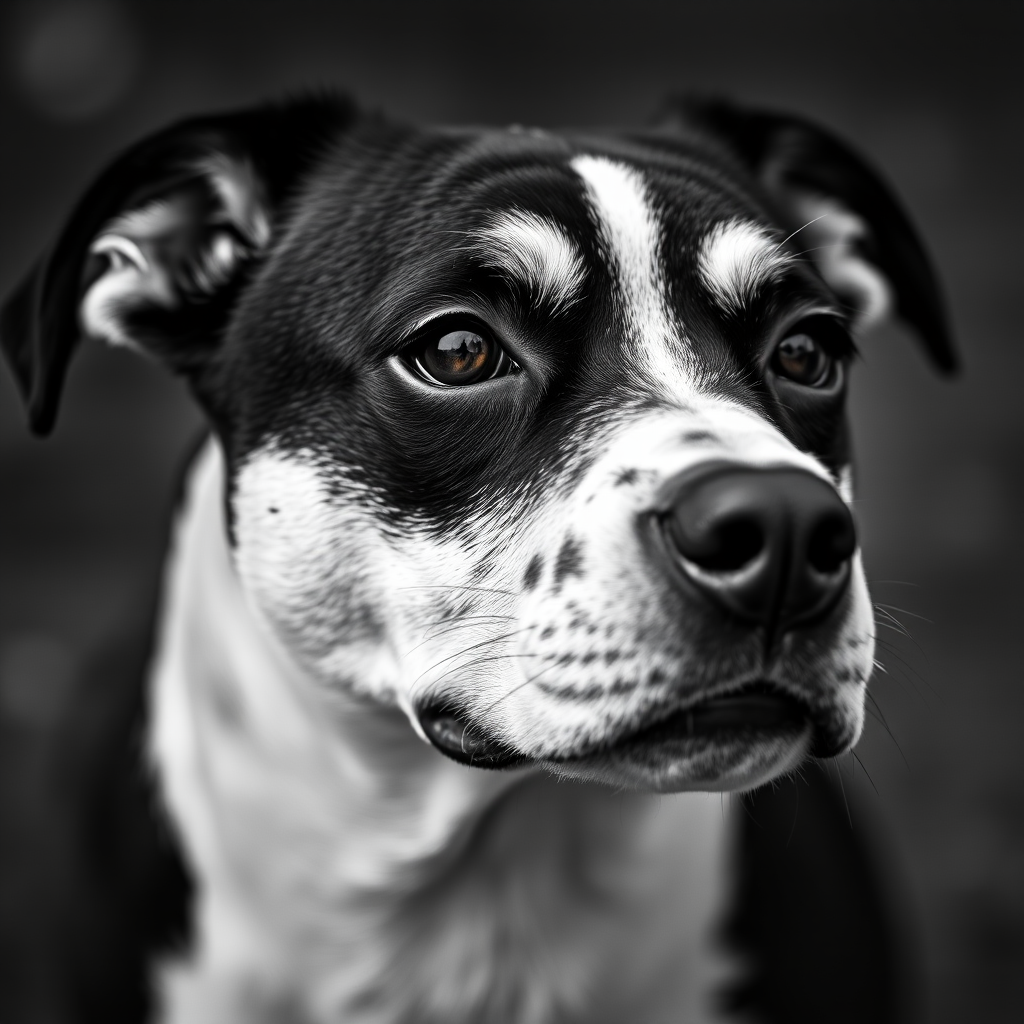 A close-up portrait of a black and white dog with a focused expression, shot with a Canon EOS R5, 50mm lens, f/1.8 aperture, ISO 100, natural light, shallow depth of field, high contrast monochrome.