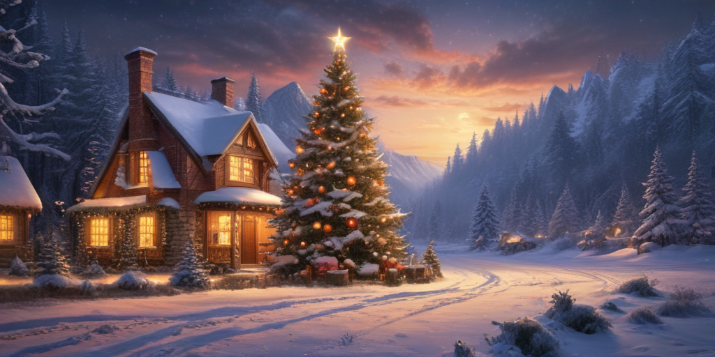 A Cozy Winter Evening Scene with a Decorated Christmas Tree and Snowy ...