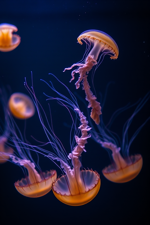 Capture a serene underwater scene of jellyfish floating gracefully in a dark tank, using a Canon EOS 5D Mark IV with a 50mm f/1.8 lens, aperture set to f/2.8, ISO 400, and a shutter speed of 1/200s for a soft bokeh effect and enhanced clarity.