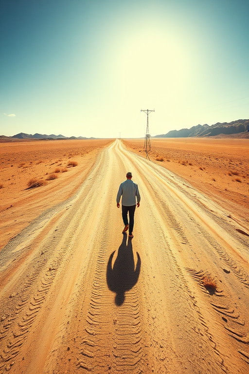 Wide-angle shot of a solitary figure walking on a dirt road through a vast desert landscape, golden hour lighting, ISO 100, f/8 aperture, 1/200 sec shutter speed, captured with a DSLR camera.