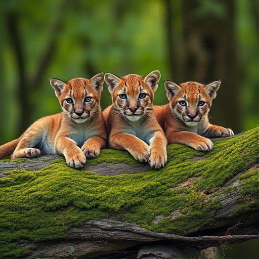 Capture three young mountain lions lounging on a moss-covered log in a soft-focus forest background, using a Canon EOS R5 with a 85mm f/1.4 lens, aperture set to f/2.8, ISO 200, and a shutter speed of 1/500s for enhanced depth and clarity.