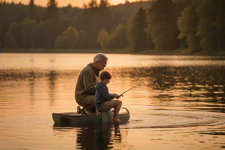 Warm, intimate image of a father teaching his son how to fish on a quiet lake, soft light from the setting sun reflecting on the water, with the sound of gentle waves lapping against the shore.