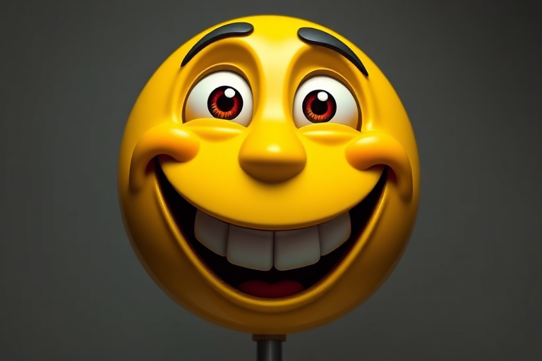 Create a vibrant cartoonish smiley face with exaggerated features, bright yellow color, large googly eyes, and a wide open mouth, captured in high resolution with a DSLR camera, 50mm lens, f/1.8 aperture, 1/200 second shutter speed, and soft bokeh background for enhanced clarity and depth.