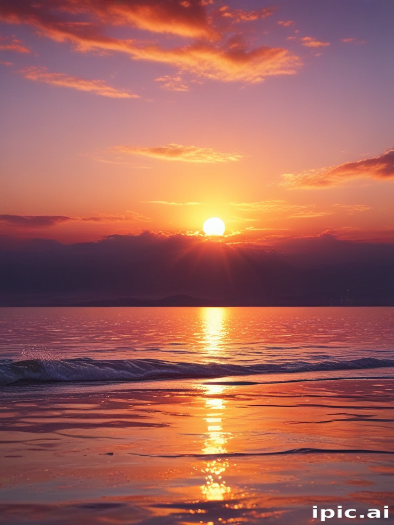 Serene Sunset Over the Ocean with Vibrant Colors and Gentle Waves