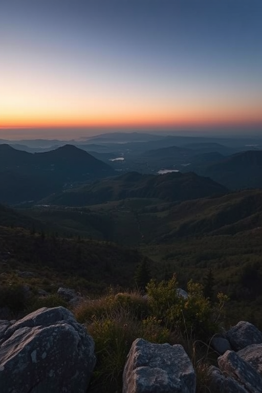 Create a high-resolution image of a serene landscape at dusk with soft lighting, using a DSLR camera, aperture f/8, ISO 200, shutter speed 1/60 sec, wide-angle lens, and capturing a panoramic view for enhanced depth and detail.