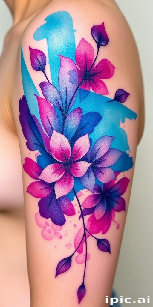 Vibrant watercolor splash tattoo named "Chromatic Cascade" featuring fluid brushstrokes of vivid turquoise blue fading into rich purple and magenta hues creating an abstract floral design with delicate petals and leaves swirling across the skin seamlessly blending into the natural contours of the body with soft edges and translucent layering techniques giving a dreamy ethereal quality to the overall composition