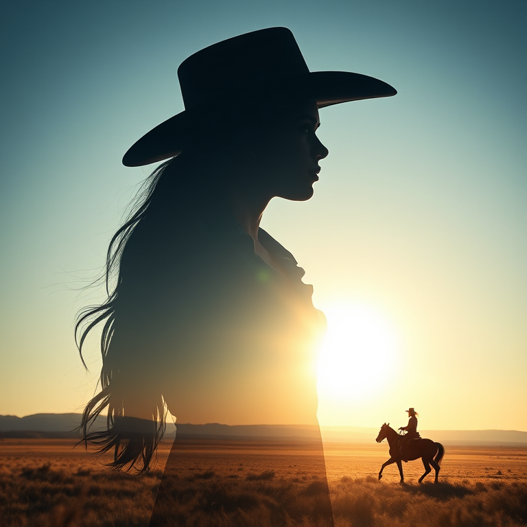 "Create a Double exposure", a silhouette "profile portrait of a young cowgirl" with long hair "superimposed" against a long shot of a cowgirl riding a horse across the plains, fantastic view, 32k, cinematic, hyper-realistic.