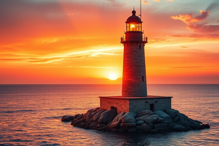 Generate an image of a tall lighthouse perched on a rocky outcrop surrounded by calm ocean waters during a breathtaking sunset. The lighthouse stands sturdy and weathered, its stone surface illuminated by the warm golden light of the setting sun. The sun's rays pass directly through the glass lantern room at the top of the lighthouse, casting a brilliant light across the scene. The sky is painted with vibrant shades of orange, pink, and purple, reflecting off the tranquil sea. The surrounding water shimmers with the same warm hues, creating a serene and majestic atmosphere.