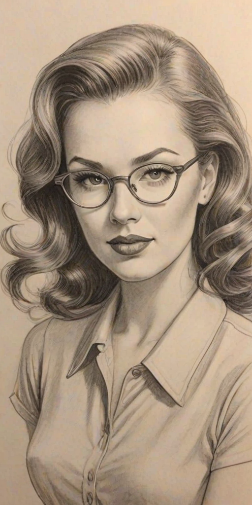 Delightful Brooke Lynn Hytes, pencil sketch, portrait of Attractive woman 1945s in glasses, hair style beatnik, outline, clear lines, fine lines, 8k