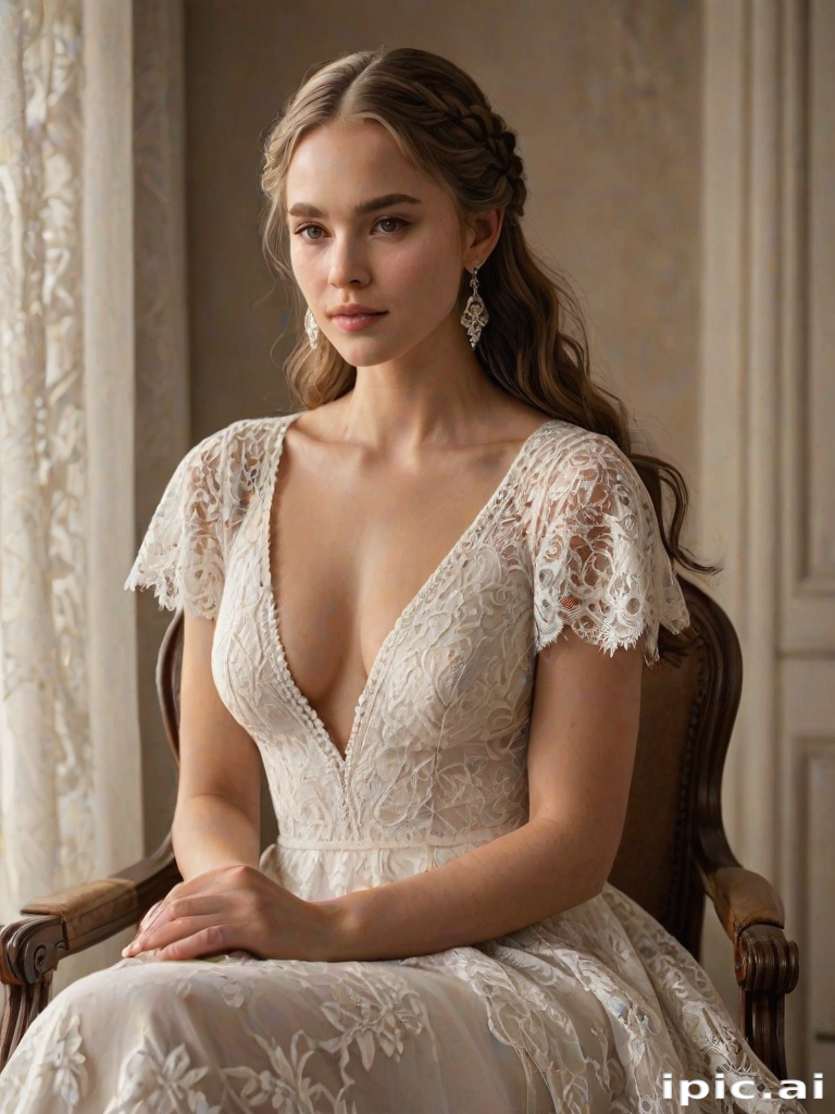 Create a portrait of a refined and elegant woman seated in a sophisticated setting. She has long, wavy hair styled in two thick braids that are pulled over her shoulders. She wears a white, lace gown with intricate patterns, featuring a deep V-neckline and short sleeves. The dress exudes a vintage charm with its delicate lacework. She is adorned with ornate, dangling earrings that add a touch of glamour to her appearance. The background is softly lit, with warm, ambient lighting that creates a cozy and inviting atmosphere. Her expression is poised and serene, capturing a sense of grace and elegance.