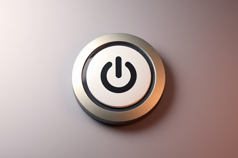 Create a high-resolution image of a power symbol icon on a sleek, circular button with a gradient background, using a 50mm lens, f/2.8 aperture, 1/100 sec shutter speed, shooting from a straight-on angle in a flat lay photography style with soft, diffused lighting.