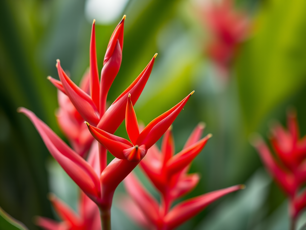 close-up of vibrant red heliconia flowers against a blurred green background, shot with a Canon EOS 5D Mark IV, 85mm lens, aperture f/2.8, ISO 100, natural light, shallow depth of field