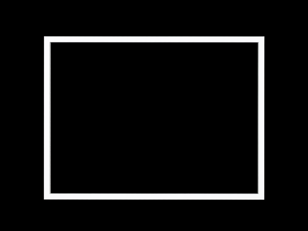 Create a high-resolution image of a blank rectangular frame with minimalist design elements in white, centered against a solid black background, using a DSLR camera with a 50mm lens, aperture set to f/1.8, ISO 100, and a focus distance of 1 meter, captured from a straight-on view with soft lighting to enhance contrast and sharpness.