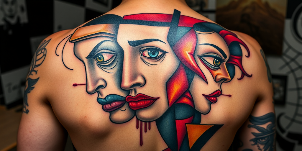 Avant-garde tattoo combining elements of cubism and surrealism on the back, featuring distorted faces and abstract shapes in bold, contrasting colors