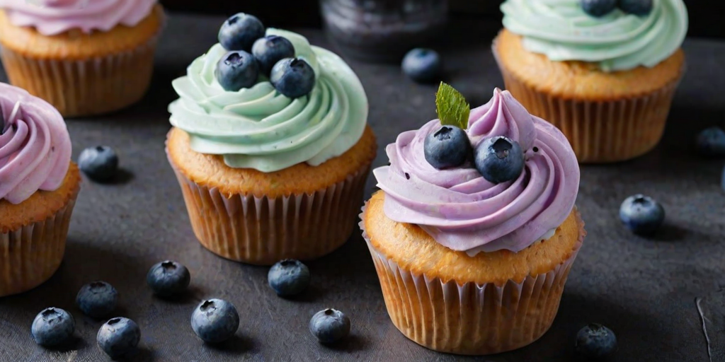 Create an image of beautifully decorated cupcakes with a swirl of creamy frosting in pastel colors. Top each cupcake with fresh blueberries and a drizzle of blueberry sauce. Arrange the cupcakes on a dark background with a few scattered blueberries for a vibrant look.