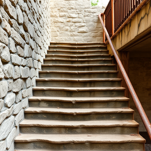 Create a high-resolution image of a worn stone staircase with rusted metal railings, captured in natural light, using a DSLR camera, 24mm lens, aperture f/8, shutter speed 1/125s, ISO 100, straight-on view to emphasize depth and texture.