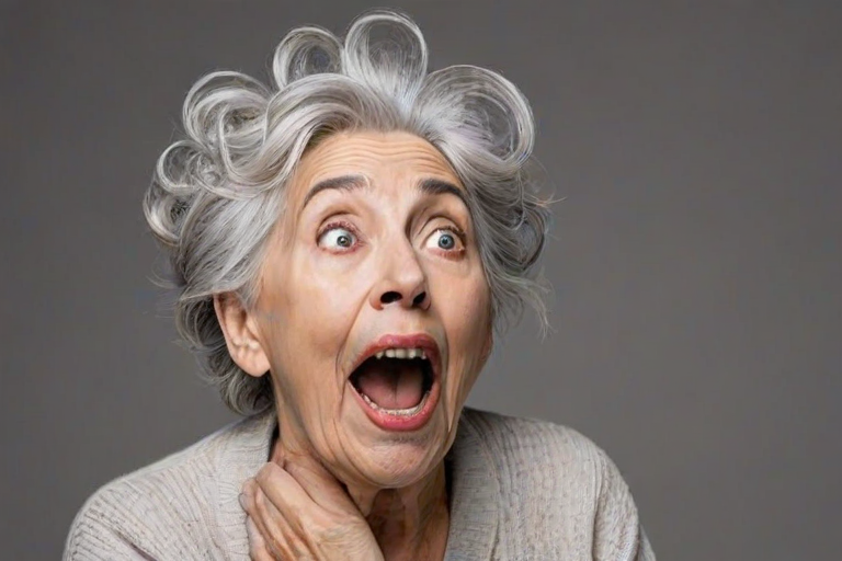 scribbly unfinished sketch, old lady with messy gray hair in a loose bun, surprised expression, mouth open, hands clasped together in front of her chest. Her eyes are wide, eyebrows are furrowed. vibe of shock or surprise.