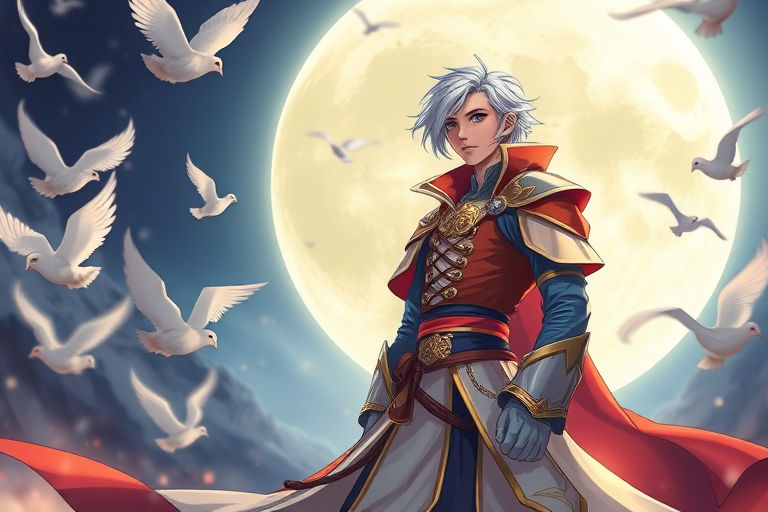 Create an illustration of a heroic character with white hair and a regal outfit standing powerfully against a glowing full moon in the background, surrounded by fluttering white doves, using a DSLR camera with a 50mm lens, aperture set to f/1.8 for a shallow depth of field, with a vibrant color palette and dynamic lighting to highlight the character's details and the ethereal atmosphere.