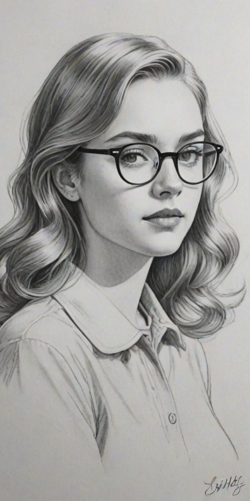 Comely Elsie Fisher, pencil sketch, portrait of Stunning woman 1942s in glasses, hair style beatnik, outline, clear lines, fine lines, 8k