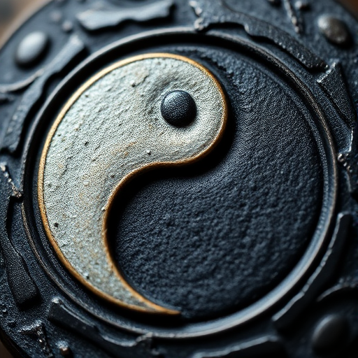 Create a high-resolution image of a yin-yang symbol with intricate texture details, camera settings: ISO 100, f/8 aperture, 1/60 sec shutter speed, camera view: centered composition, camera style: macro photography, camera type: DSLR.