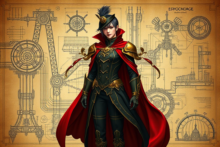 create a steampunk-inspired character design featuring a figure in a black and gold outfit with a flowing red cape, surrounded by intricate mechanical sketches and blueprints, shot with a DSLR camera at f/1.8, ISO 100, with a 50mm lens in a portrait view for enhanced detail and depth of field, soft lighting to highlight textures and contrasting colors