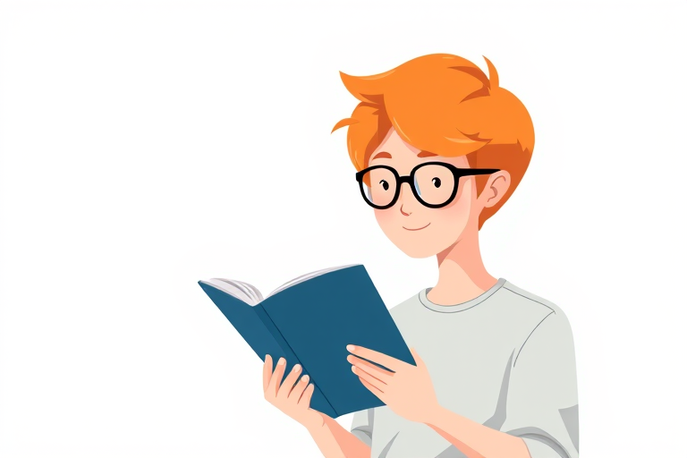 Illustration of a person with orange hair and glasses reading a book, flat design style, with a plain background, shot with a 50mm lens, f/2.8 aperture, ISO 100, soft lighting.