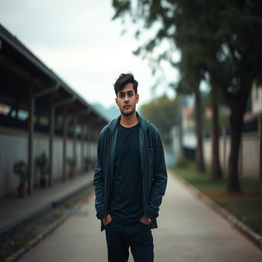 regenerate the image of a person standing outdoors with a relaxed pose, use a Canon EOS R5 camera, 50mm lens, aperture f/1.8, ISO 100, natural light, shallow depth of field, slightly desaturated colors for a moody effect, focus on the subject while softly blurring the background