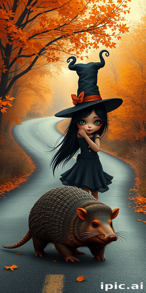 digital art fantasy depicting a strange girl with black hair, long eyelashes, orange lipstick and a tall hat walking along a winding road on an autumn afternoon, an armadillo smiles as he passes