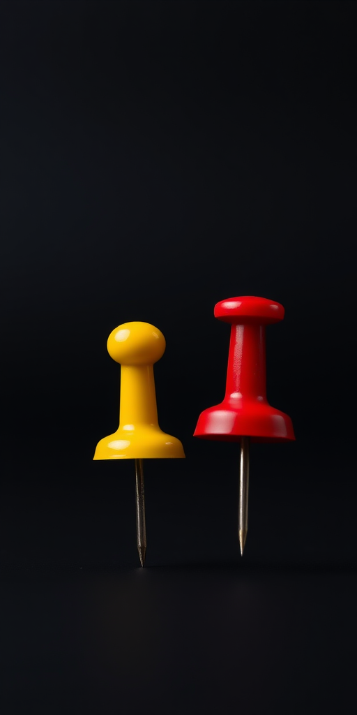 photograph of two push pins, one yellow and one red, against a black background, close-up shot, shallow depth of field, soft lighting, ISO 100, aperture f/2.8, shutter speed 1/60s, DSLR camera
