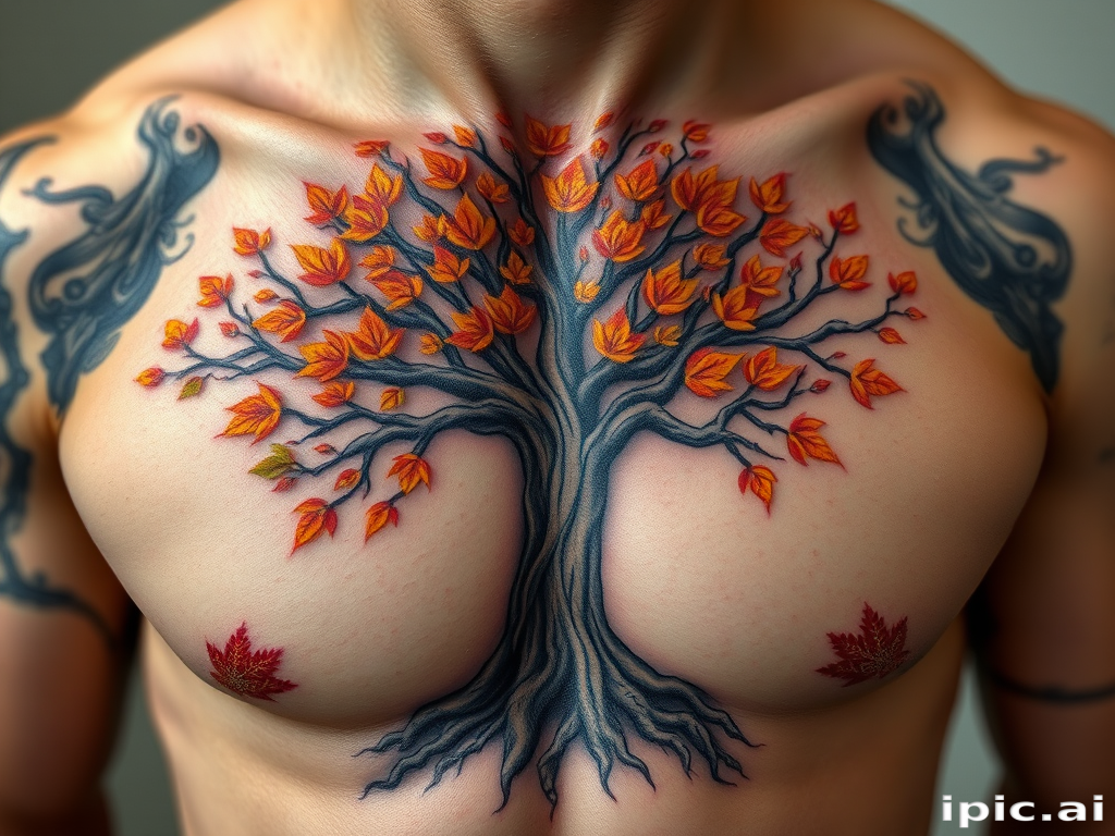Realistic 3D body tattoo of a tree of life emerging from the skin on the chest, incorporating lifelike bark texture and vibrant autumn leaves for a stunning visual impact