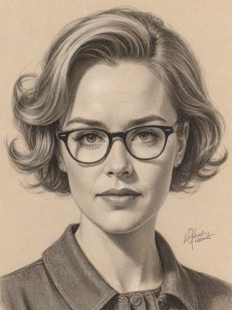 Fetching Rachael Harris, pencil sketch, portrait of Delightful woman 1959s in glasses, hair style beatnik, outline, clear lines, fine lines, 8k
