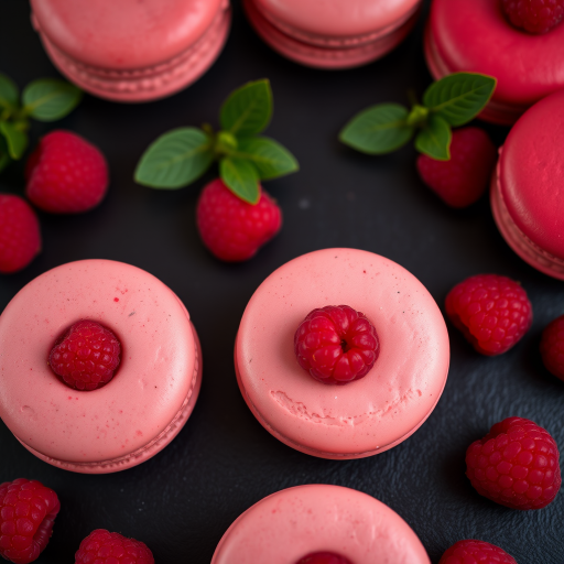 macro view of an assortment of pink and red macarons with fresh raspberries on a dark background, using a Canon EOS R5, 100mm f/2.8 macro lens, aperture set to f/2.8, ISO 100, natural light, slight overhead angle for depth.
