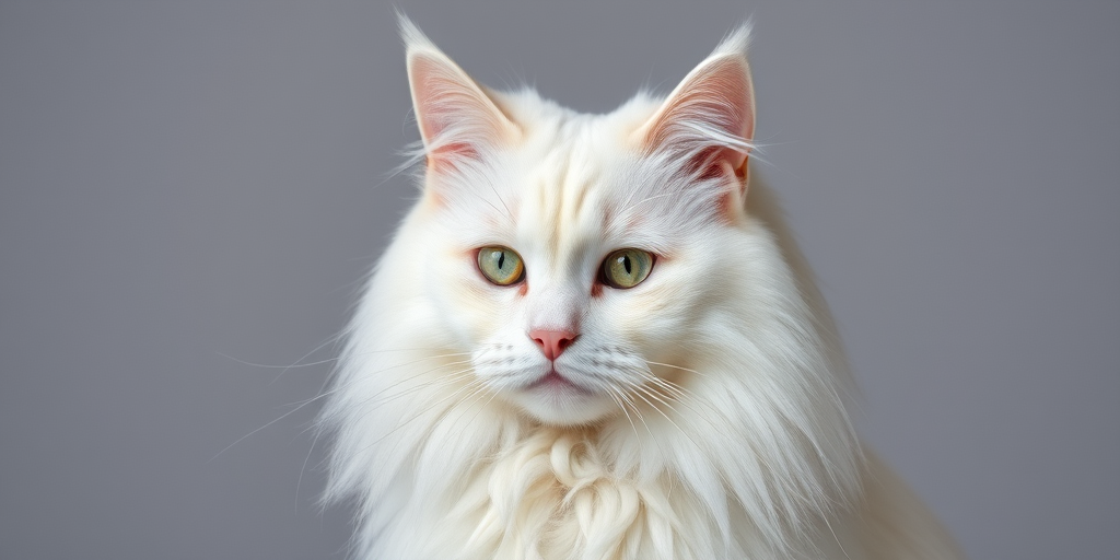 Regenerate a highly detailed portrait of a majestic white cat with a luxurious fluffy mane, set against a soft gray background, shot with a Canon EOS R5, 85mm lens, f/1.4 aperture, ISO 100, in soft diffused natural light for enhanced quality and sharpness.
