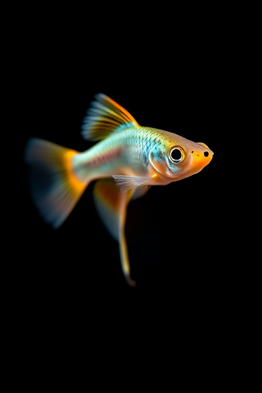 photograph a guppy fish swimming gracefully against a black background, use a macro lens, aperture f/2.8, ISO 200, shutter speed 1/250s, with a warm light source to enhance colors, taken with a DSLR camera for high detail and clarity