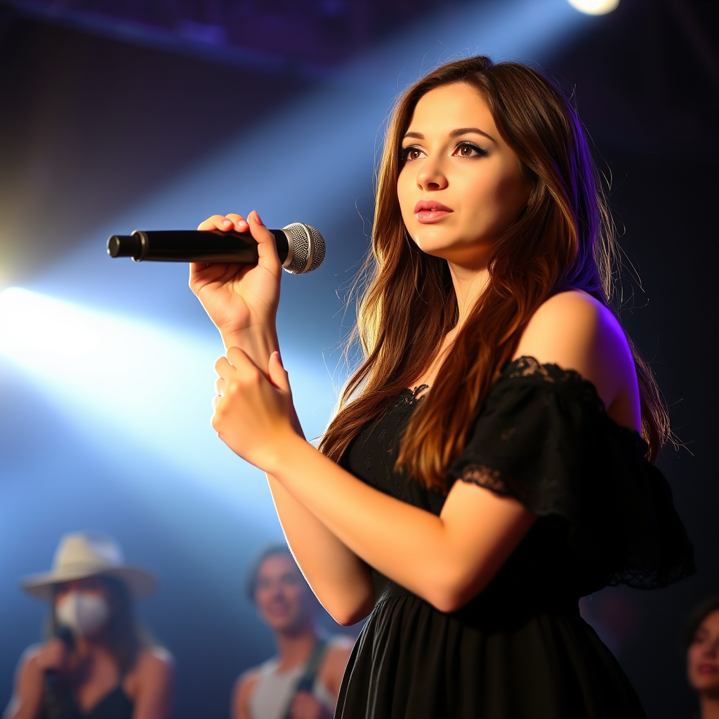 A young woman with long, flowing brown hair is standing in the center of the frame, holding a microphone in her right hand, and looking slightly off to the right side of the frame. She is wearing a black, off-the-shoulder dress with delicate lace detailing. The lighting is warm and dramatic, creating a spotlight effect on the singer. There are other figures in the background, blurred and out of focus, suggesting a concert or performance setting. The camera angle is low, capturing the woman from the waist up. The overall atmosphere is intimate and captivating.