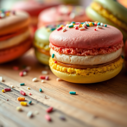 close-up of colorful macarons with sprinkles on a wooden surface, soft natural lighting, f/2.8, 1/125 sec, ISO 100, 50mm lens, shallow depth of field, DSLR camera
