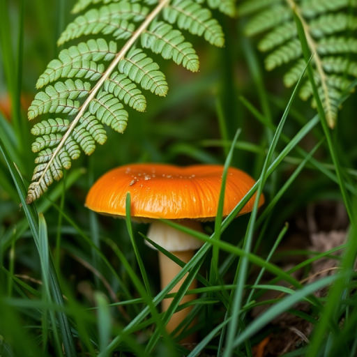 capture a close-up image of a vibrant orange mushroom surrounded by lush green grass and a delicate fern overhead, use a macro lens, aperture f/2.8, ISO 100, shutter speed 1/200 sec, natural light, focus on the mushroom's texture and details.