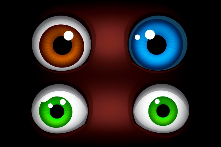 Create a high-resolution digital illustration of six cartoonish eyes arranged vertically, featuring three colorful eyes: one brown, one blue, one green, using a 50mm lens, f/2.8 aperture, ISO 100, on a DSLR camera with a shallow depth of field and soft lighting to enhance the vibrant colors and details.