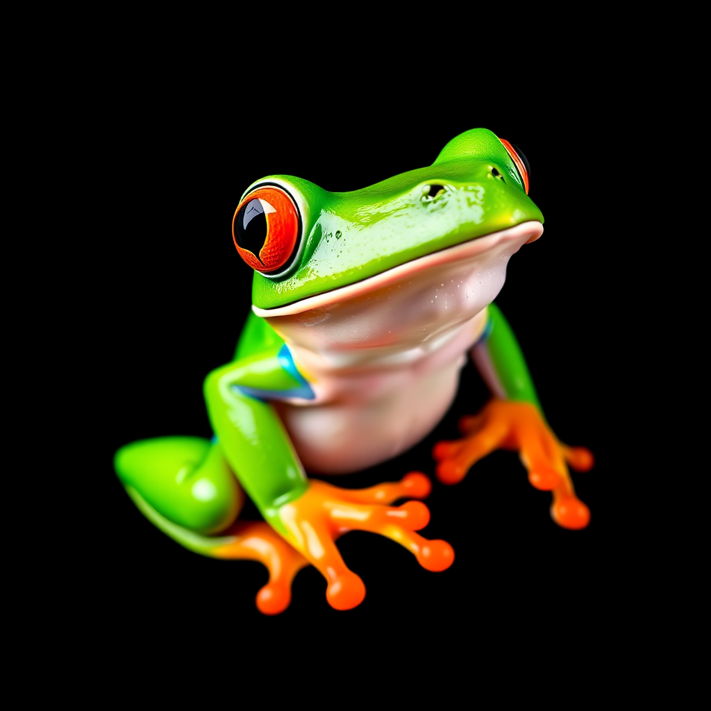 Create a vibrant illustration of a green frog with orange feet, positioned against a solid black background, using a macro lens at f/2.8 for shallow depth of field and vivid colors, capturing the frog's details close-up in a digital art style.