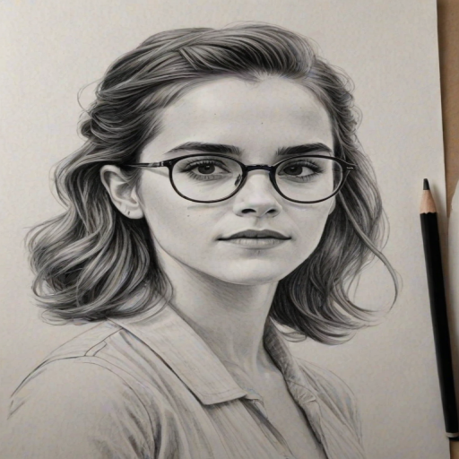 Fascinating Emma Watson, pencil sketch, portrait of Sublime woman 1947s in glasses, hair style beatnik, outline, clear lines, fine lines, 8k