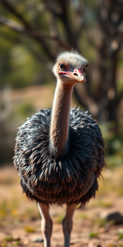 Create a realistic illustration of an ostrich standing upright in a natural setting, focus on detailed textures of the feathers, use a shallow depth of field with a 50mm lens at f/2.8, shot with a DSLR camera in daylight to enhance colors and shadows.