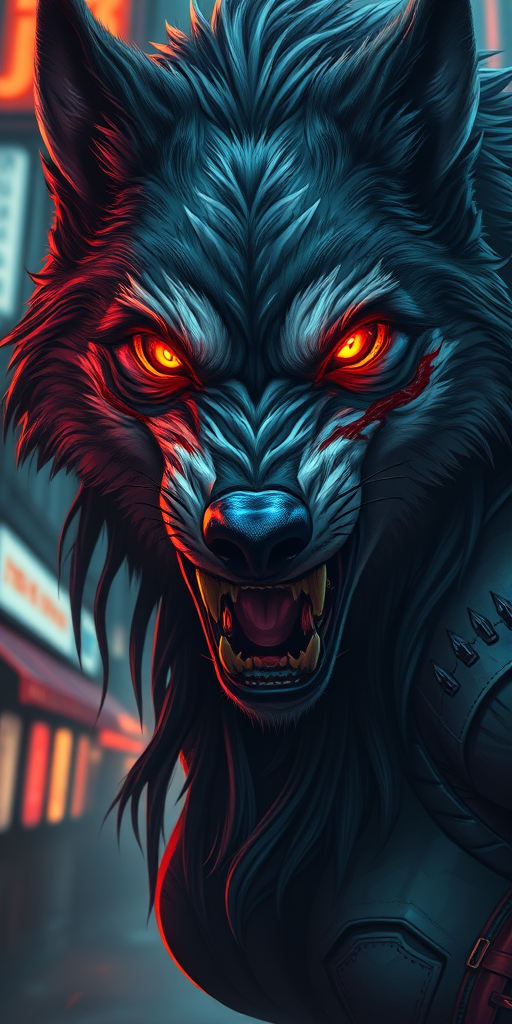 Create a highly detailed digital illustration of a fierce wolf-woman hybrid with glowing orange eyes and a bloodied face, set in a dark urban environment with neon lights, captured with a DSLR camera at f/1.8, ISO 200, 50mm lens, high dynamic range, and vibrant color contrast to enhance the intensity of the scene.