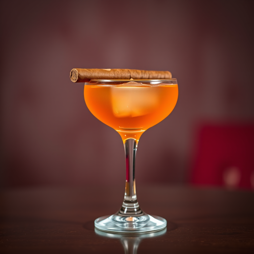 Create an ultra-realistic image of a cocktail with a cigar resting on the rim, using a shallow depth of field, aperture f/1.8, ISO 100, 50mm lens, in a soft, ambient lighting setting with a blurred red textured background.