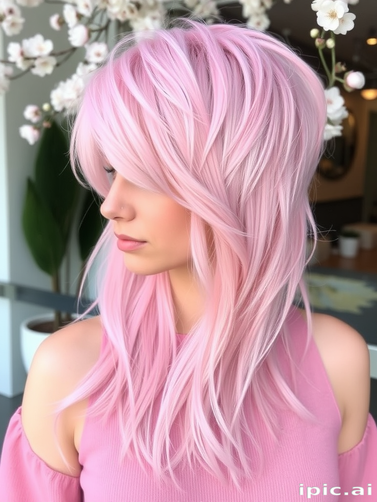 Pastel pink long pixie cut with choppy layers and feathered edges, creating a soft and ethereal look reminiscent of cherry blossoms in bloom, called Sakura Whisper