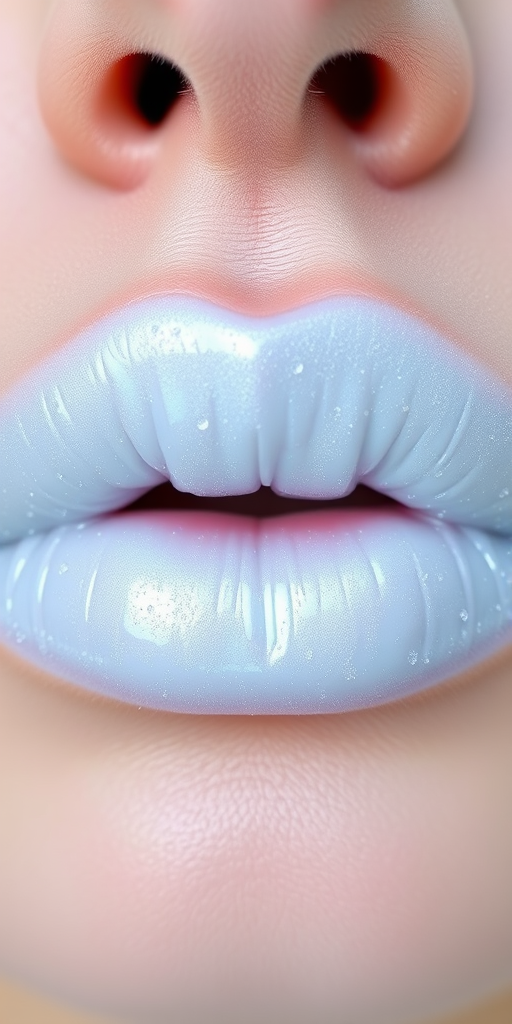 Icy white lips with a frosted pearl finish, titled "Arctic Frost," featuring a cooling effect and subtle blue undertones for a wintry look