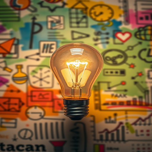 Create a high-resolution image of a glowing light bulb centered on a colorful background filled with hand-drawn sketches and graphs, shot with a DSLR camera at f/2.8, ISO 100, shutter speed 1/100s, in natural lighting with a shallow depth of field.